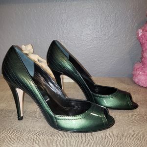 BUTTER Twister Teal Sparkle Leather Peep Toe High Heels size 7.5m  US